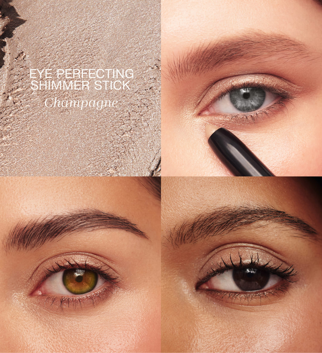 Eye Perfecting Shimmer Stick in Champagne showing texture swatch and application on different eye colors.
