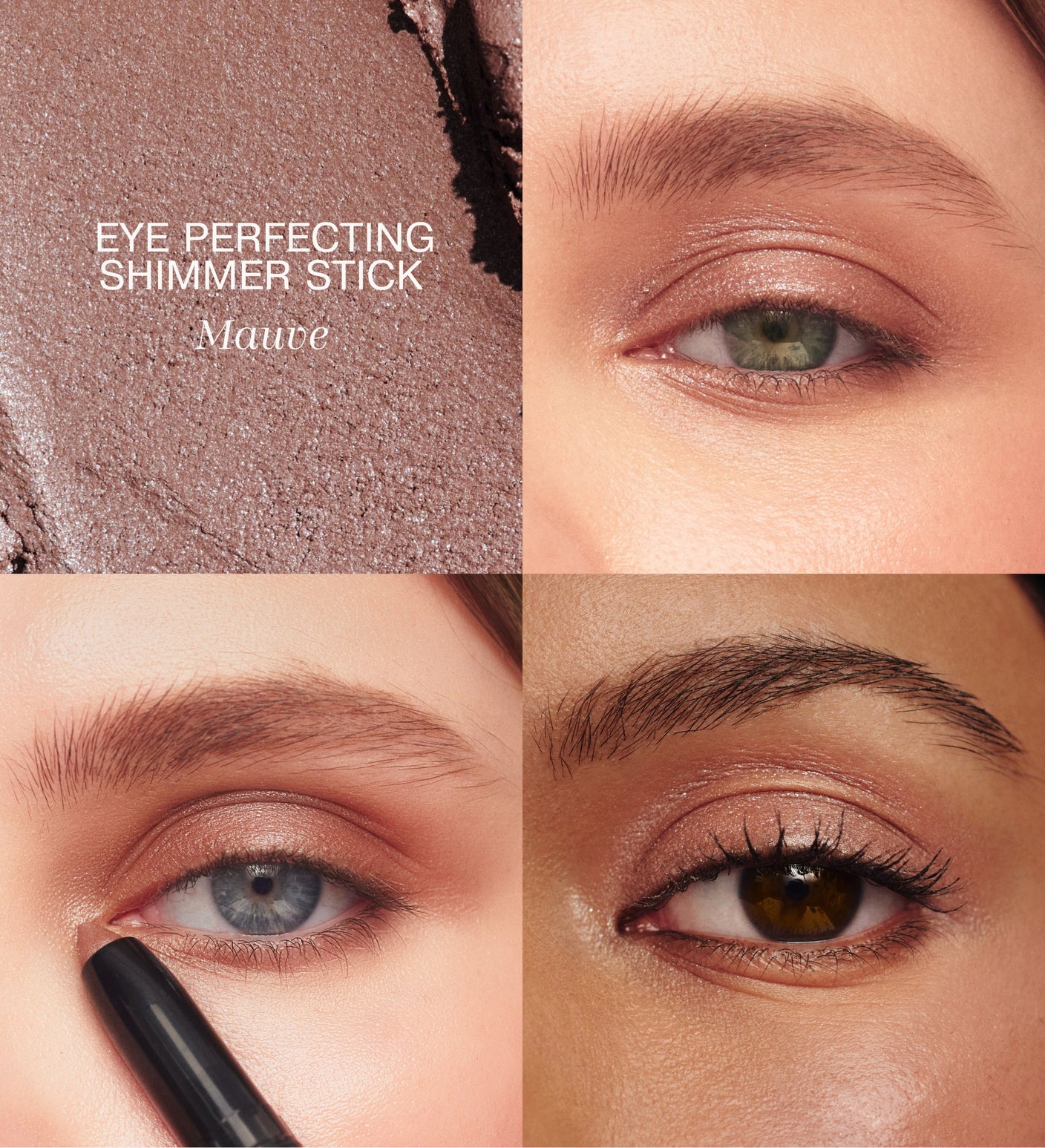 Meroda Cosmetics Eye Perfecting Shimmer Stick in Mauve texture swatch and application on various skin tones.