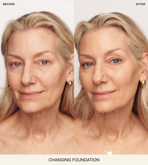 Meroda Cosmetics Changing Foundation before and after comparison on a mature woman showing an even, natural finish.