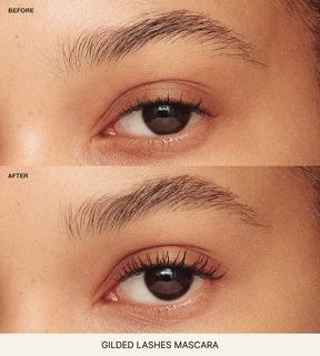 Gilded Lashes Mascara before and after comparison showing visible length and volume on eyelashes.