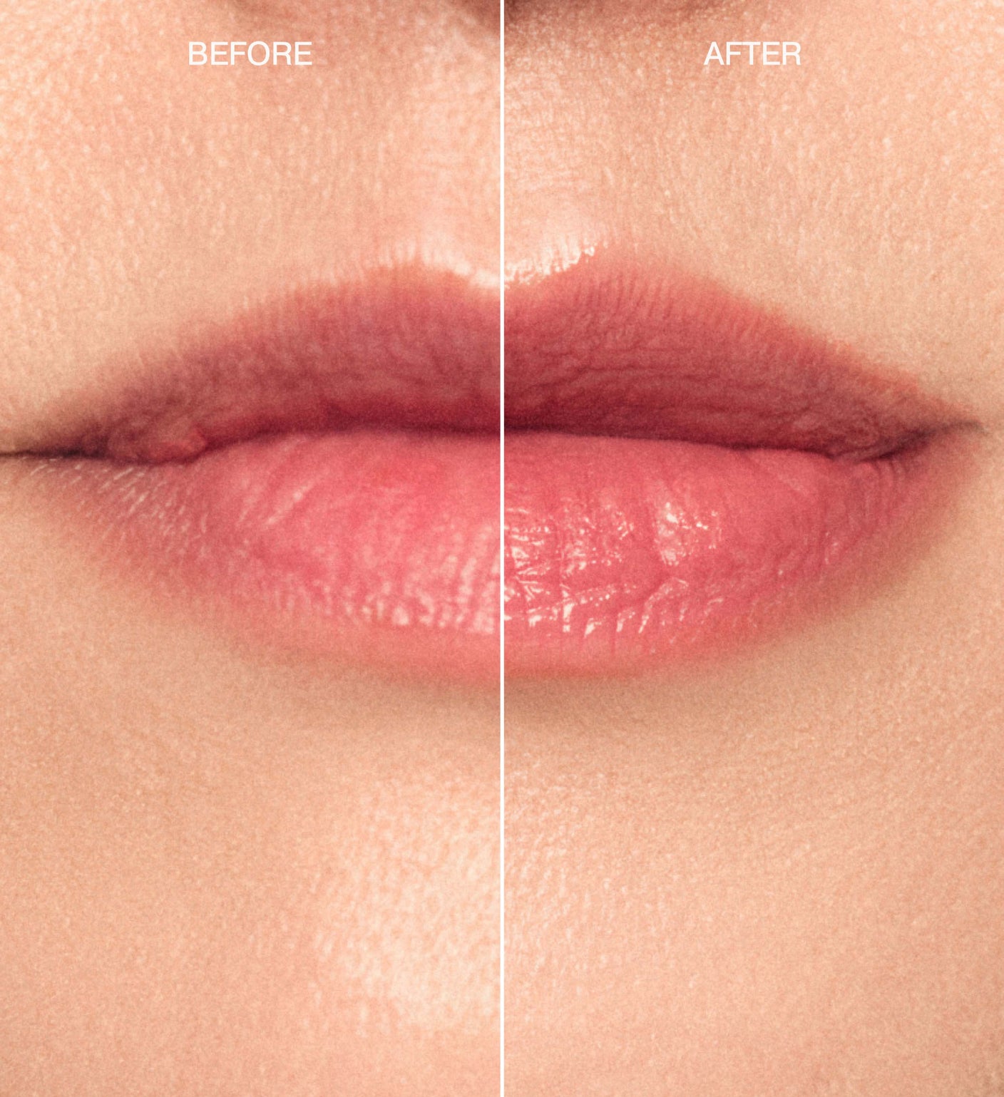 Sunkissed Trio Hydrating Lip Tint in Peachy Rose before and after showing enhanced lip color and shine.