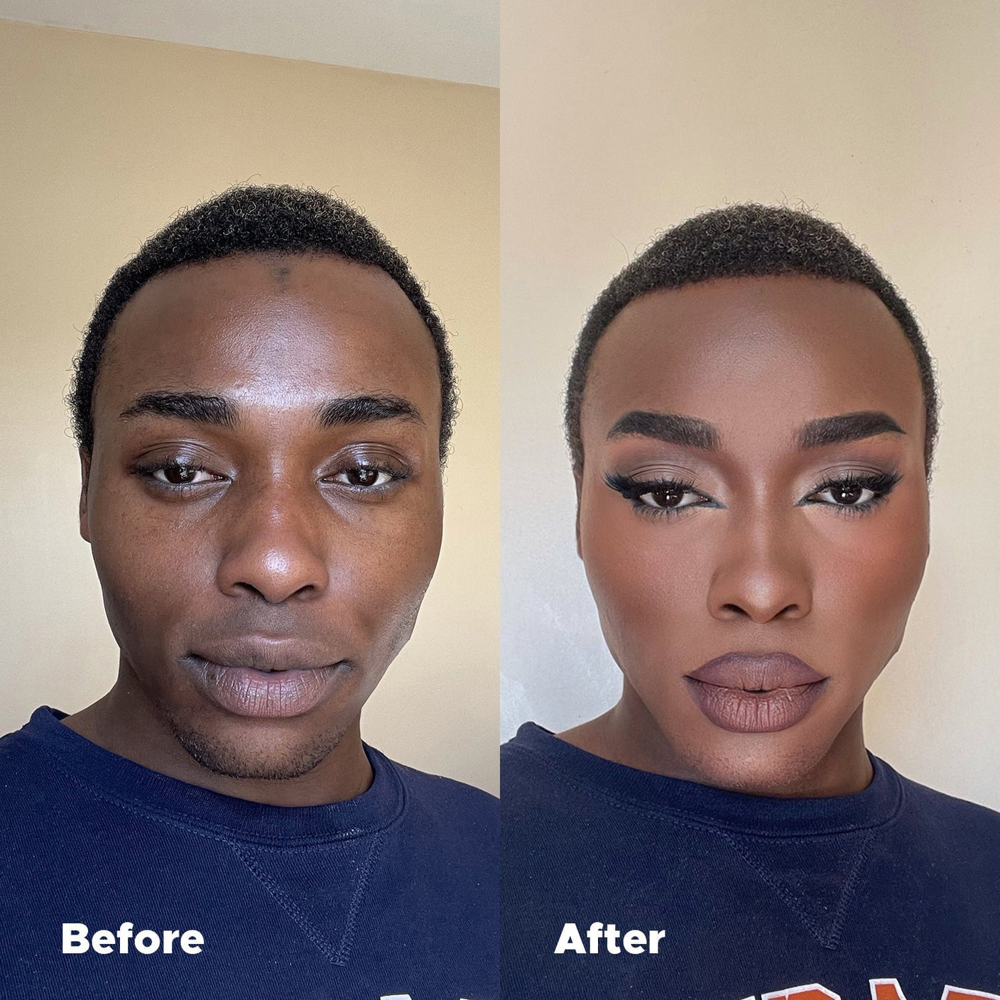 Universal Foundation before and after comparison on deep skin showing seamless coverage and a natural matte finish.
