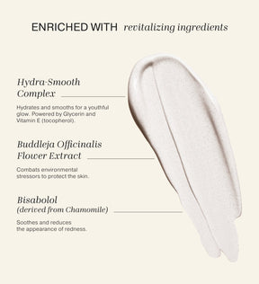 Smooth foundation swatch highlighting revitalizing ingredients like Hydra-Smooth Complex, Bisabolol, and Vitamin E.