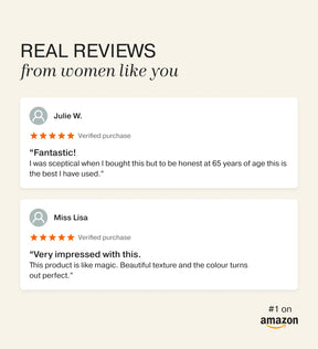 Five-star Amazon reviews for Meroda Cosmetics Changing Foundation praising its perfect color and texture.