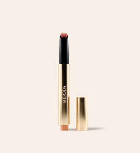 Hydrating Lip Tint in Honey Beige featuring a sleek gold pen with warm nude balm and detached cap on cream.