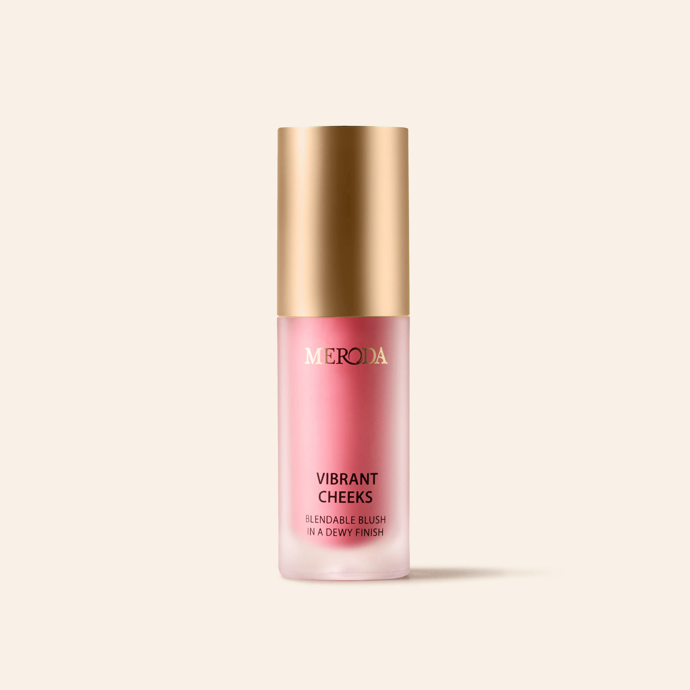 Meroda Vibrant Cheeks Liquid Blush in Pink Peony, a gold-capped frosted bottle on a cream background.
