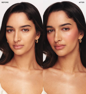 Vibrant Cheeks Liquid Blush in Dusty Rose shown in a before and after comparison on a model for a dewy, glowing finish.