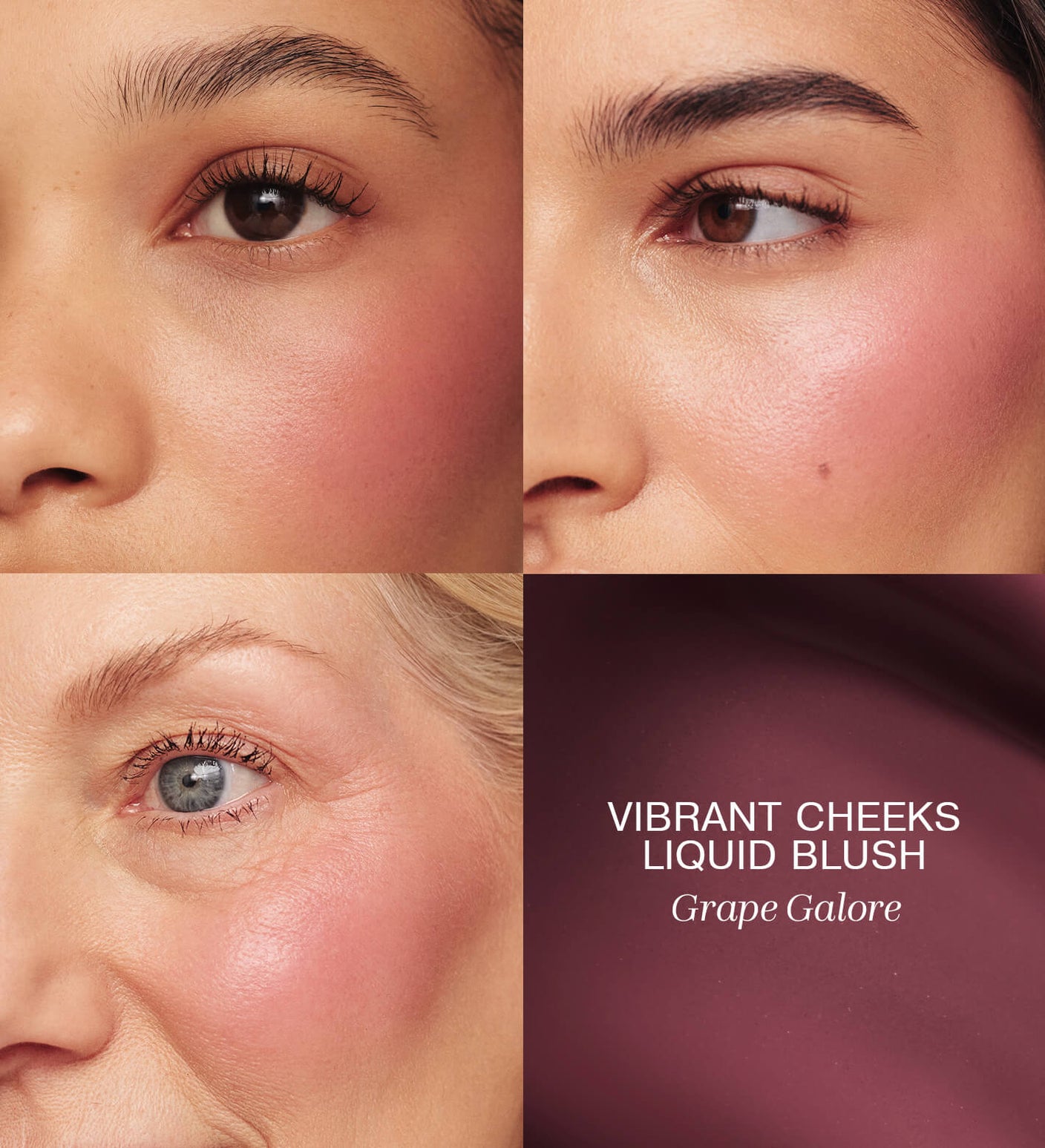 Meroda Cosmetics Vibrant Cheeks Liquid Blush in Grape Galore applied on three skin tones for a radiant, dewy finish.