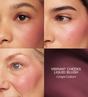 Meroda Cosmetics Vibrant Cheeks Liquid Blush in Grape Galore applied on three skin tones for a radiant, dewy finish.