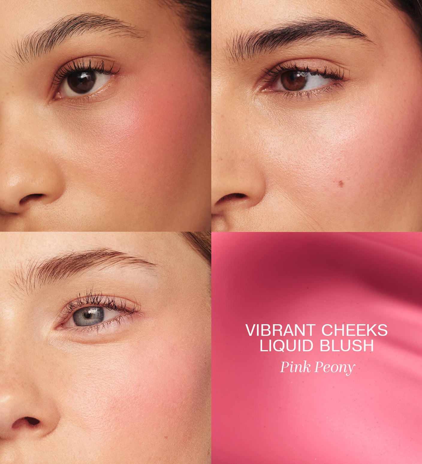 Meroda Cosmetics Vibrant Cheeks Liquid Blush in Pink Peony on three models for a radiant, dewy pink finish.