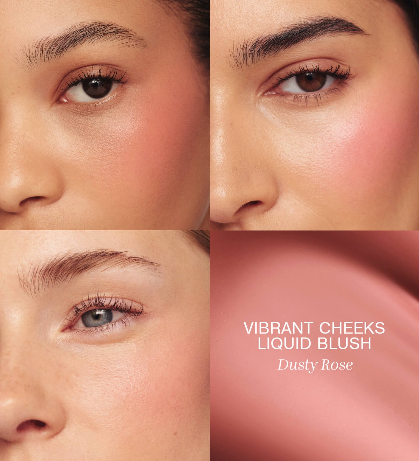 Vibrant Cheeks Liquid Blush in Dusty Rose applied on three skin tones for a natural, healthy glow.