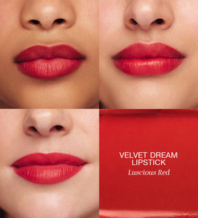 Velvet Dream Lipstick in Luscious Red on three skin tones with a matte texture swatch from the Luscious Lips Set.