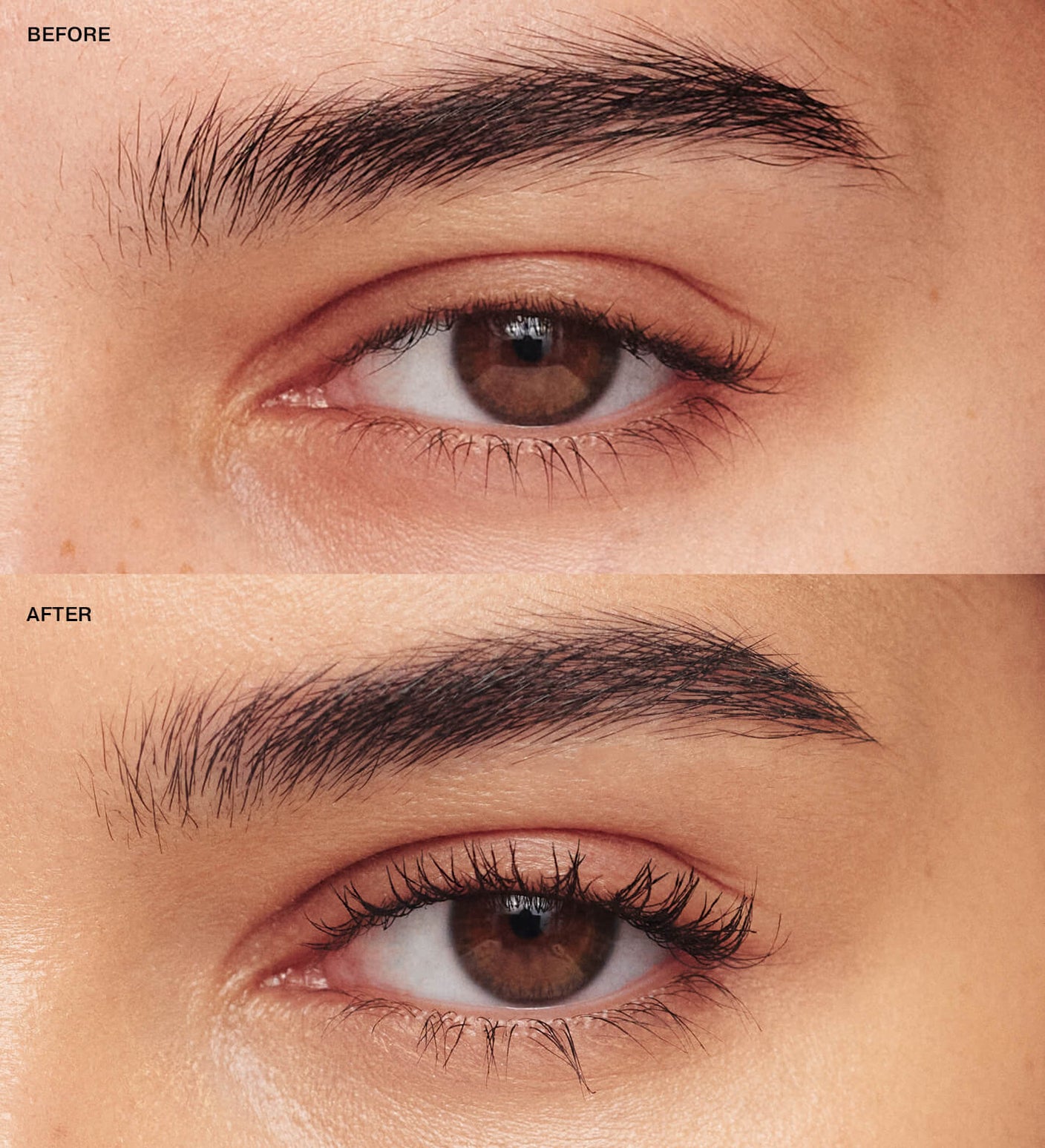 Gilded Lashes Mascara before and after comparison showing visibly lengthened and volumized lashes