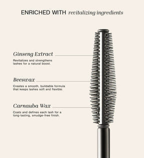 Gilded Lashes Mascara wand highlighted with revitalizing Ginseng Extract, Beeswax, and Carnauba Wax ingredients.