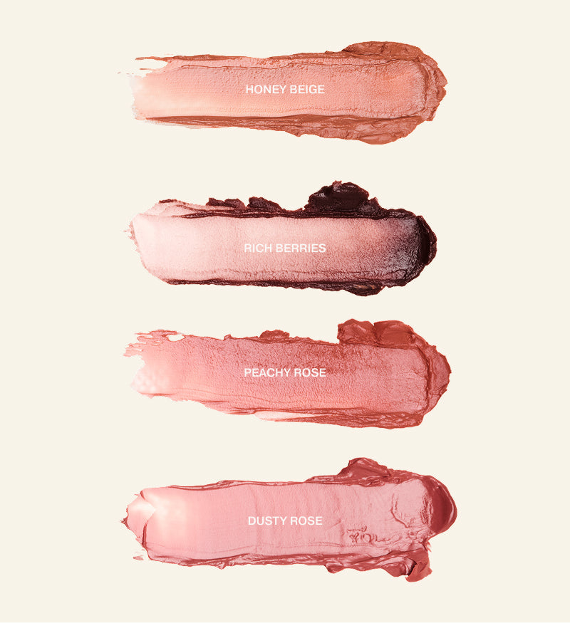 Hydrating Lip Tint texture swatches in Honey Beige, Rich Berries, Peachy Rose, and Dusty Rose with a balmy finish.