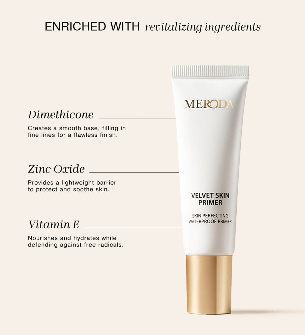 Meroda Velvet Skin Primer tube highlighting revitalizing ingredients like Dimethicone, Zinc Oxide, and Vitamin E.