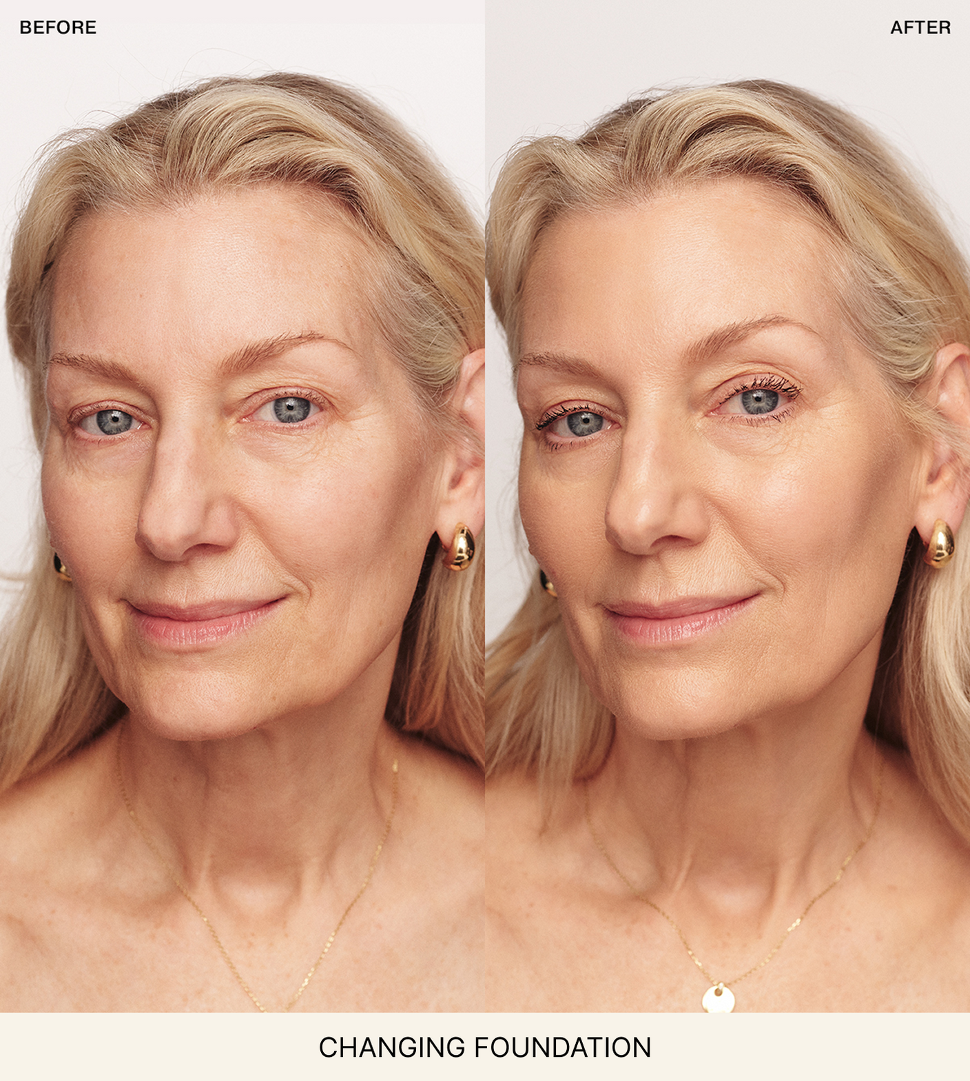 Meroda Cosmetics Changing Foundation before and after comparison on a mature woman showing an even, natural finish.