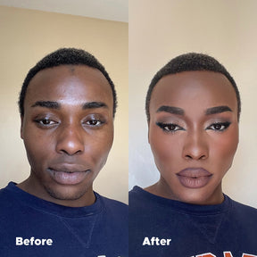 Universal Foundation before and after comparison on deep skin showing seamless coverage and a natural matte finish.