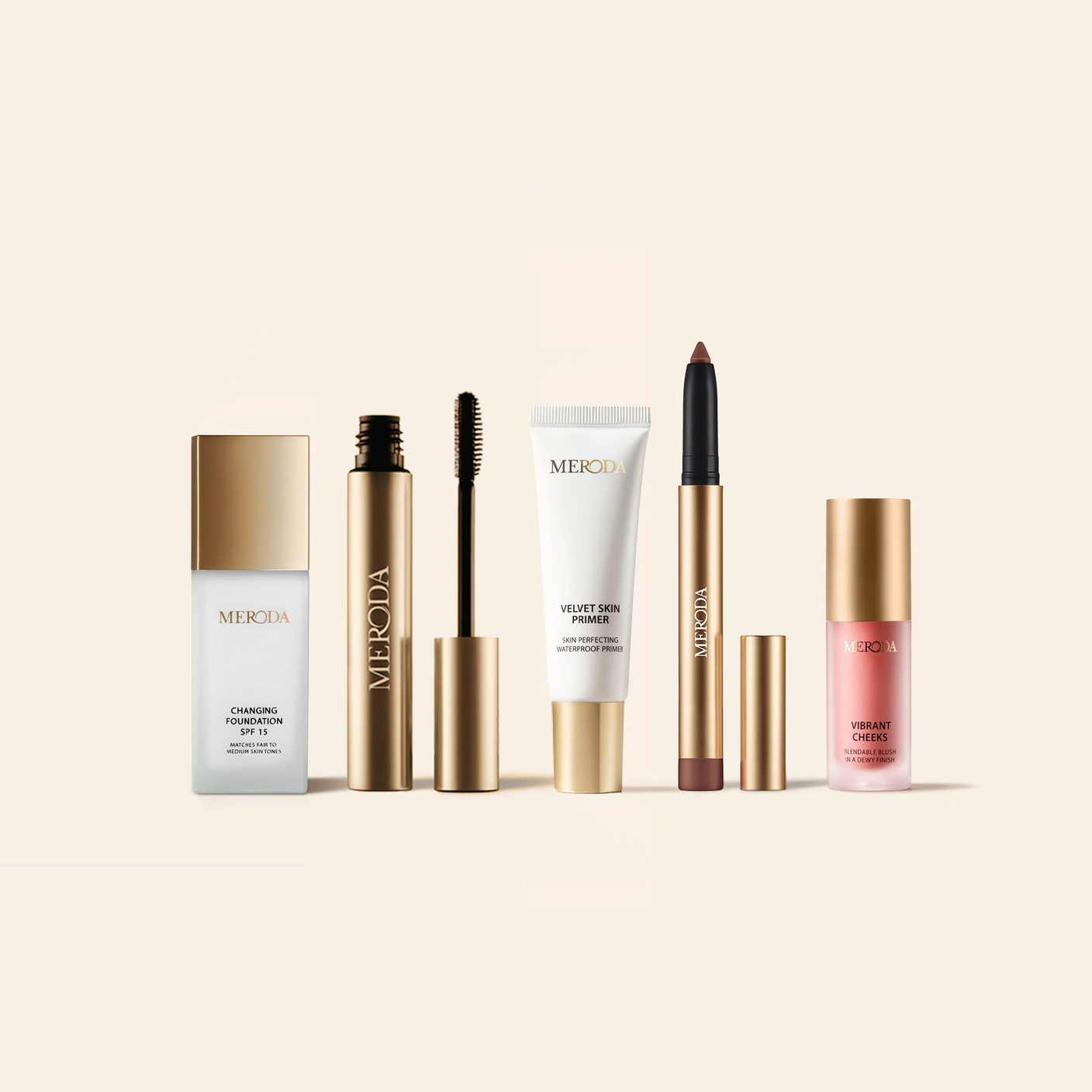 Meroda Cosmetics The Full Face Bestseller Set featuring Changing Foundation and makeup essentials in gold packaging.