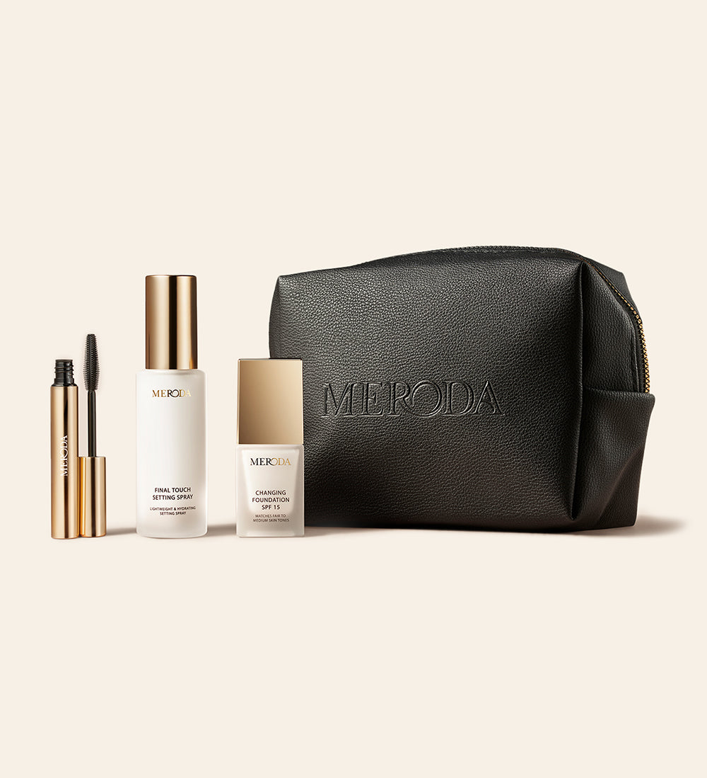 Meroda Cosmetics Travel Kit: mini Changing Foundation, Final Touch Setting Spray, Gilded Lashes Mascara and black travel bag.