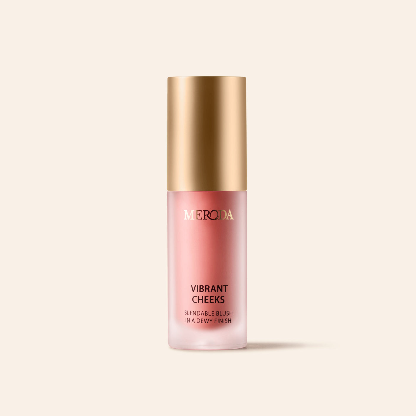 Meroda Vibrant Cheeks Liquid Blush in Dusty Rose featuring a frosted bottle and elegant gold cap.