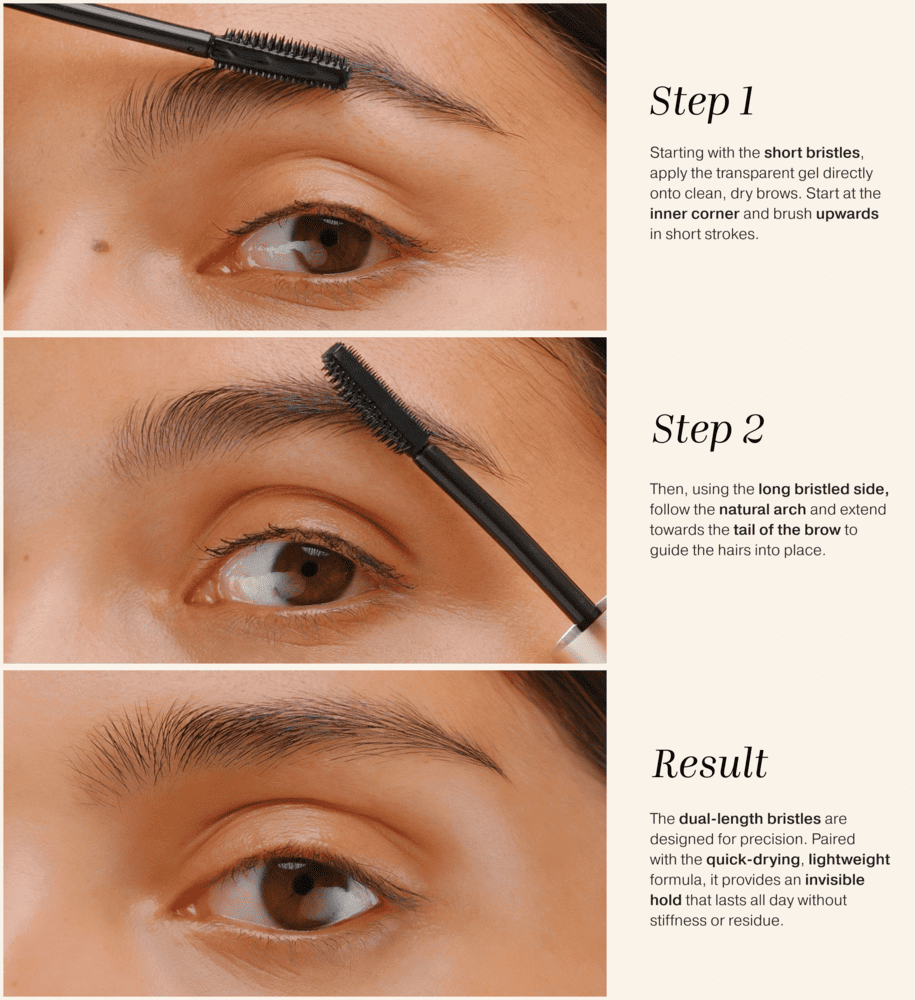 Step-by-step application guide for The Precision Brow Gel showing dual-length bristles for groomed and lifted brows