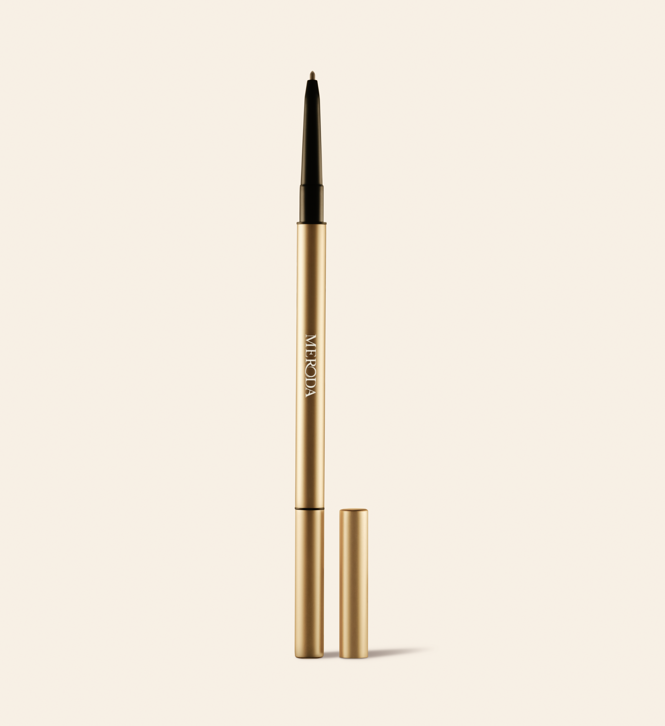 Meroda Cosmetics The Precision Brow Pencil in Cool Brown featuring an ultra-fine retractable tip and gold barrel