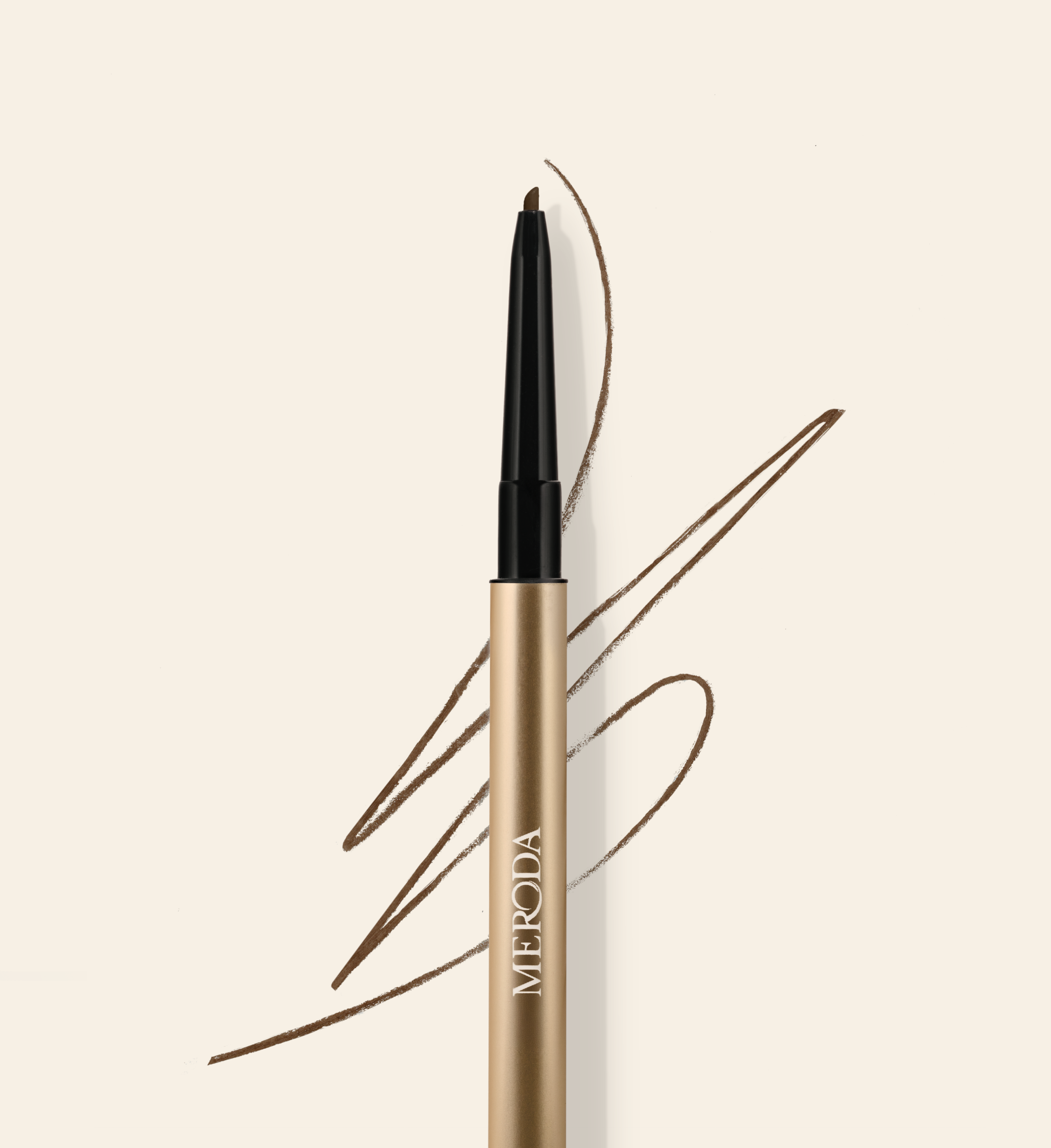 The Precision Brow Pencil in Cool Brown featuring an ultra-fine tip and a matching hair-like pigment swatch.
