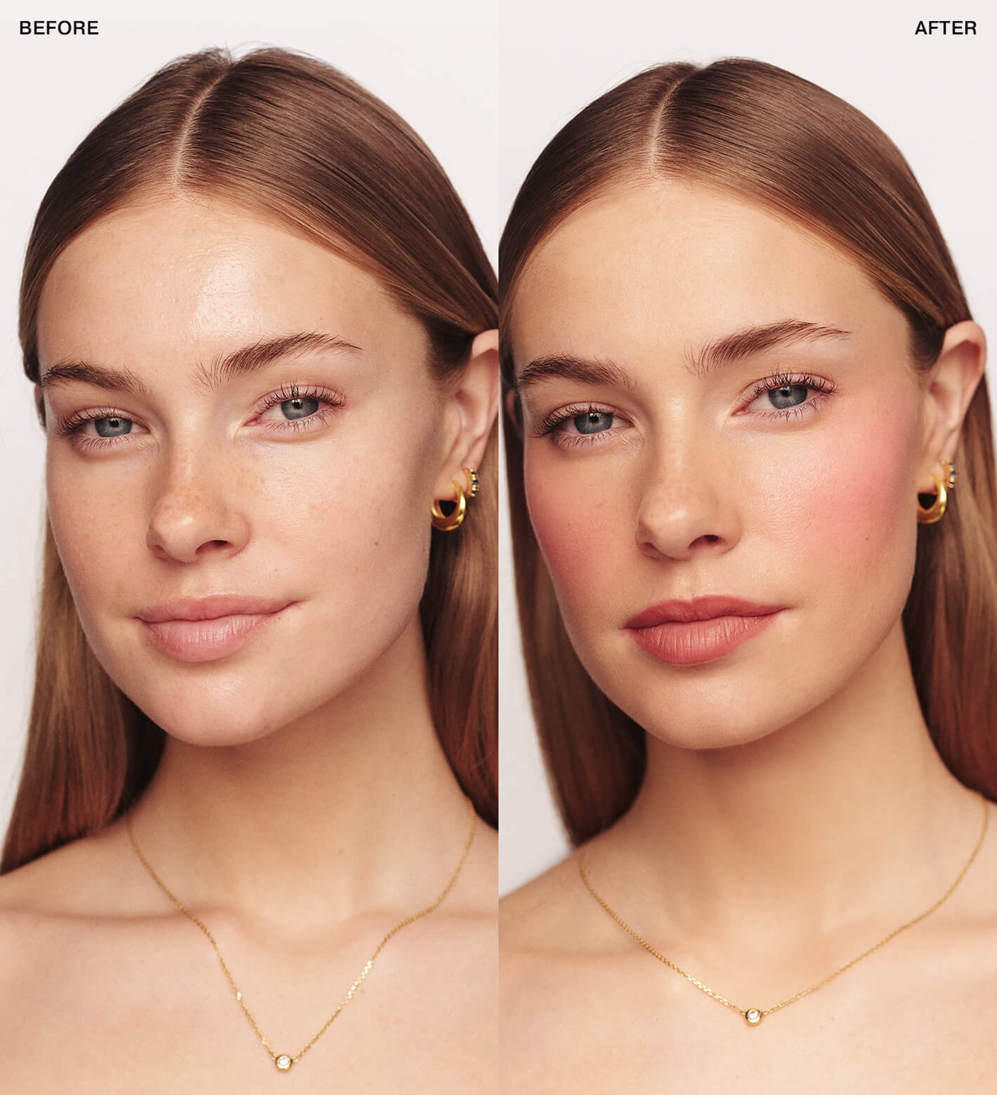 Meroda Cosmetics Vibrant Cheeks Liquid Blush in Pink Peony before and after showing a soft, healthy dewy glow.