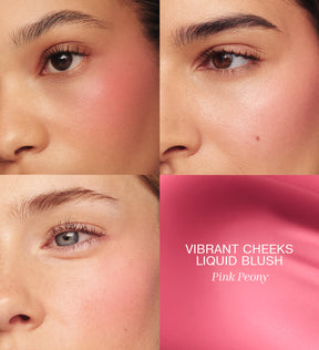 Meroda Cosmetics Vibrant Cheeks Liquid Blush in Pink Peony on three models for a radiant, dewy pink finish.