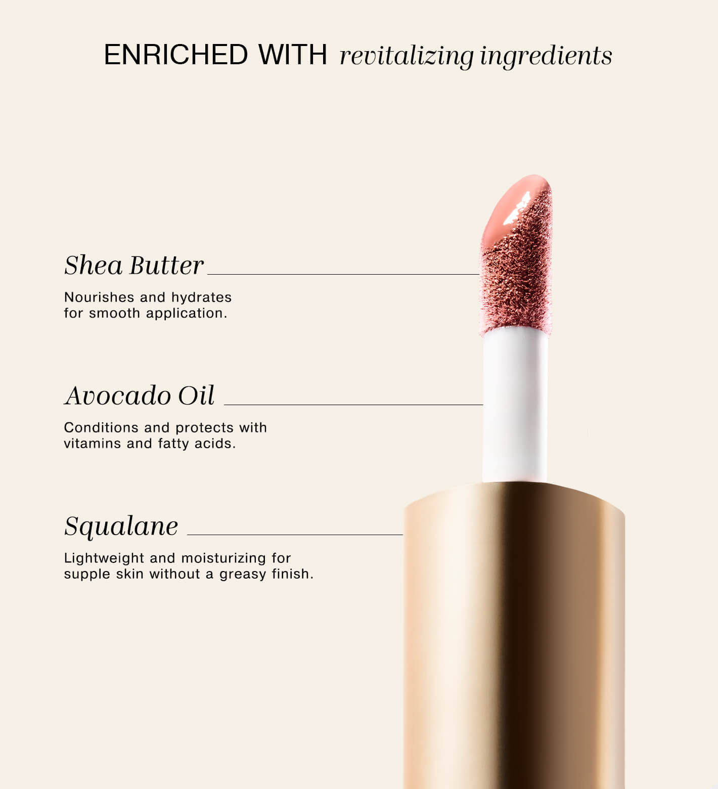 Vibrant Cheek Blush in Dusty Rose enriched with revitalizing Shea Butter, Avocado Oil, and Squalane.