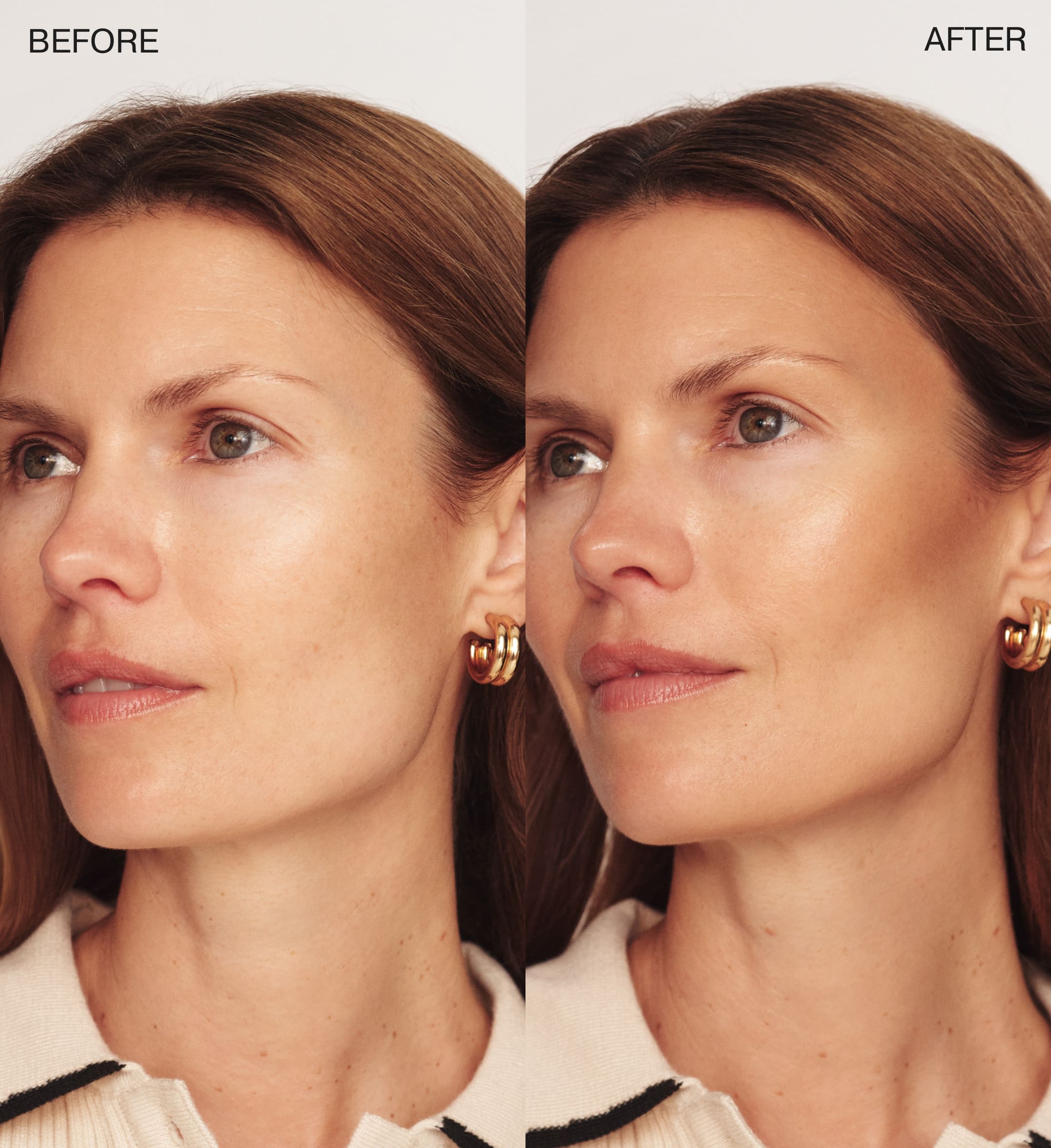 The Soft Tan Bronzer before and after comparison showing a natural, sun-kissed glow from the All-in-One Bundle.