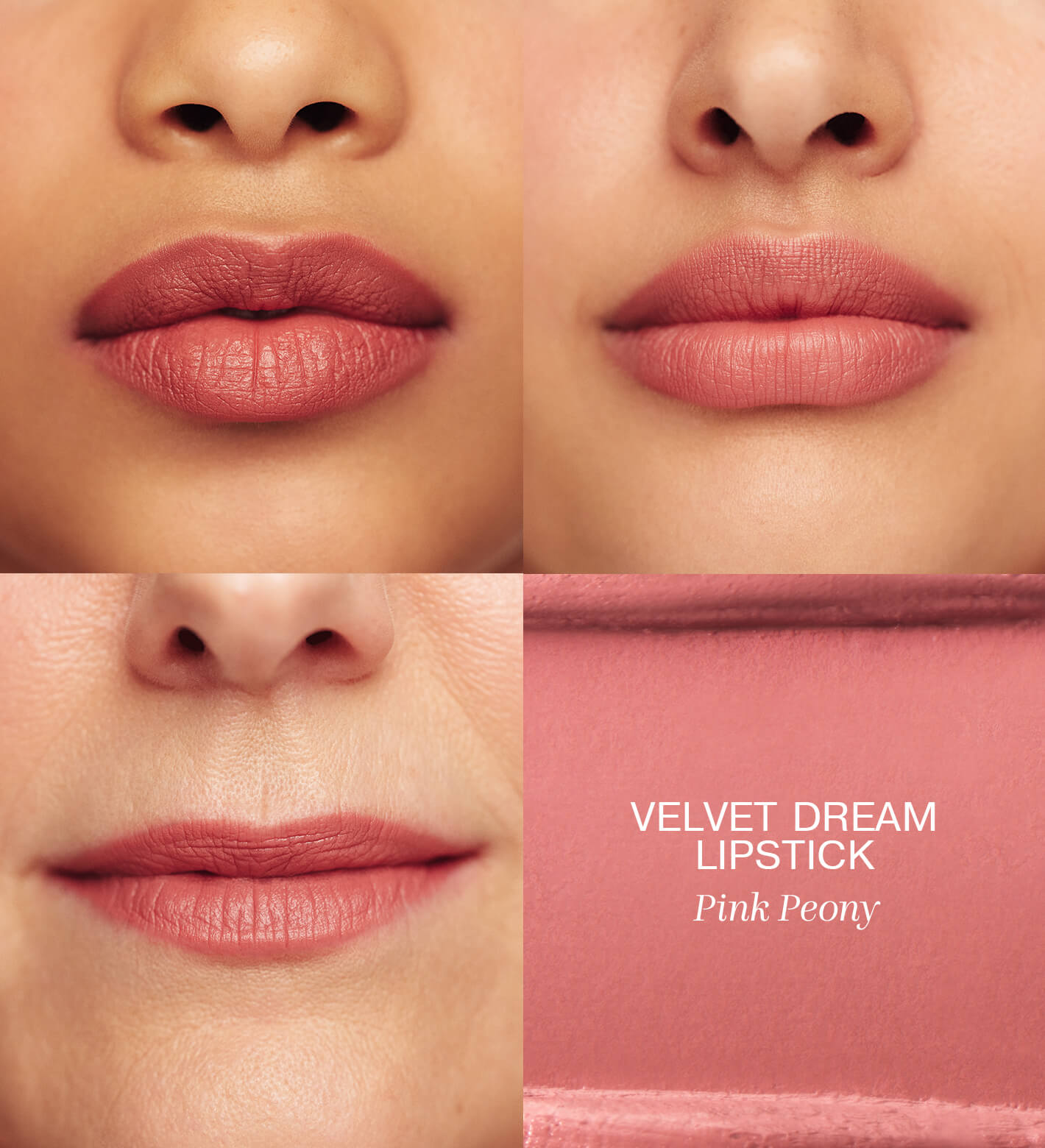 Velvet Dream Lipstick in Pink Peony on three different skin tones, featured in the All-in-One Bundle.