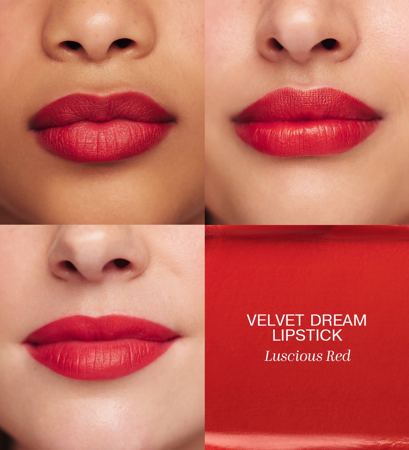 Velvet Dream Lipstick in Luscious Red on three skin tones with a matte texture swatch from the Luscious Lips Set.