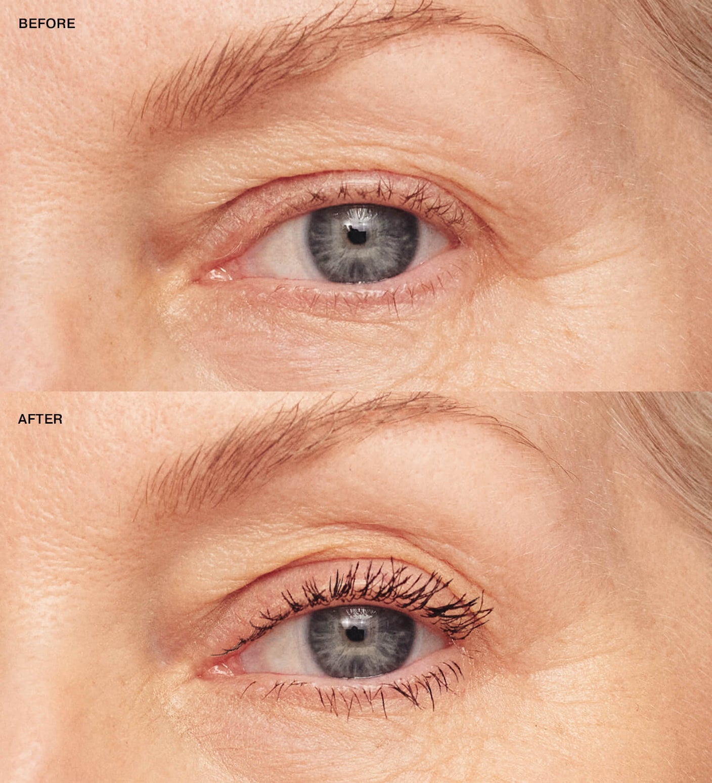 Gilded Lashes Mascara before and after comparison showing significantly lengthened and volumized lashes.