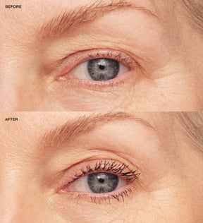 Gilded Lashes Mascara before and after comparison showing significantly lengthened and volumized lashes.