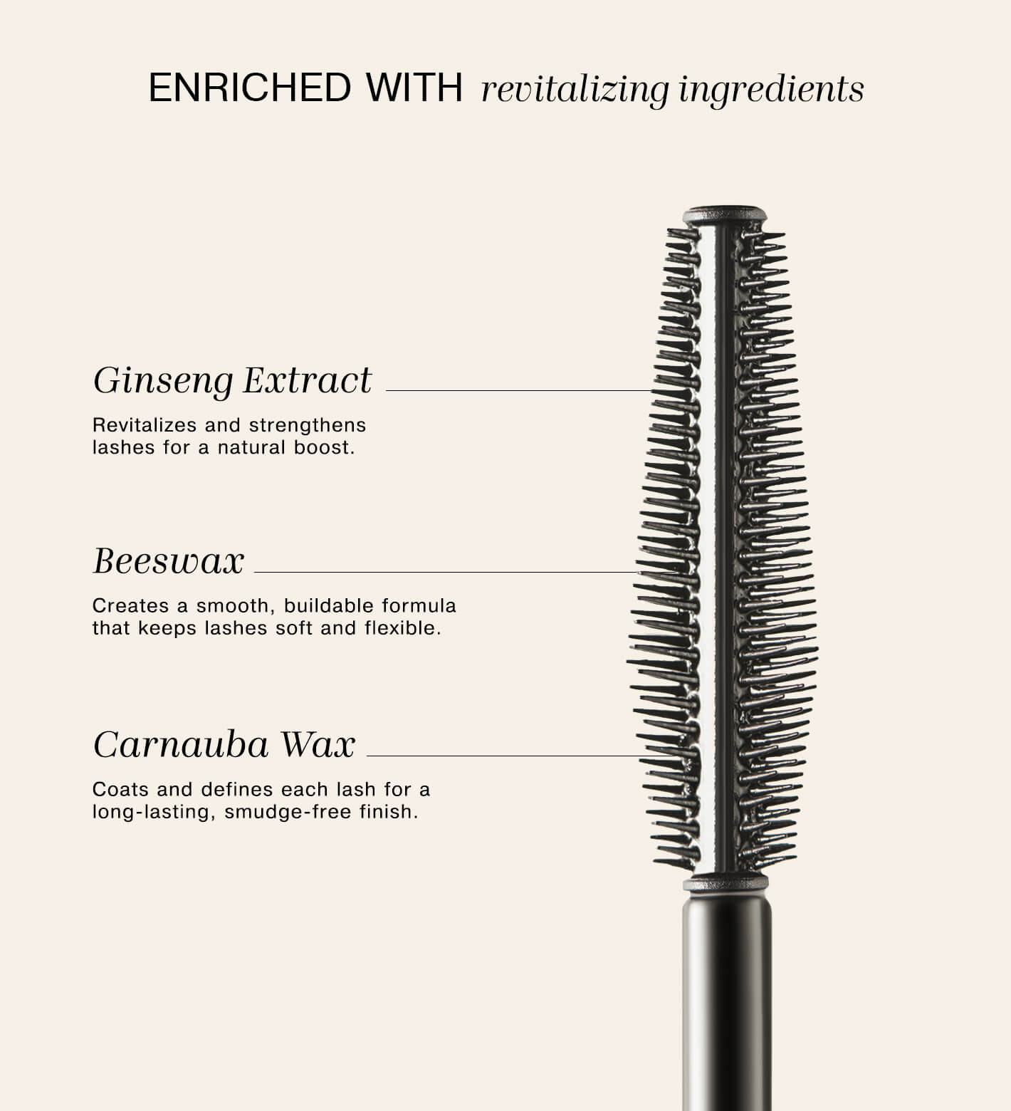 Meroda Cosmetics Mini Gilded Lashes Mascara wand enriched with revitalizing Ginseng Extract, Beeswax, and Carnauba Wax.