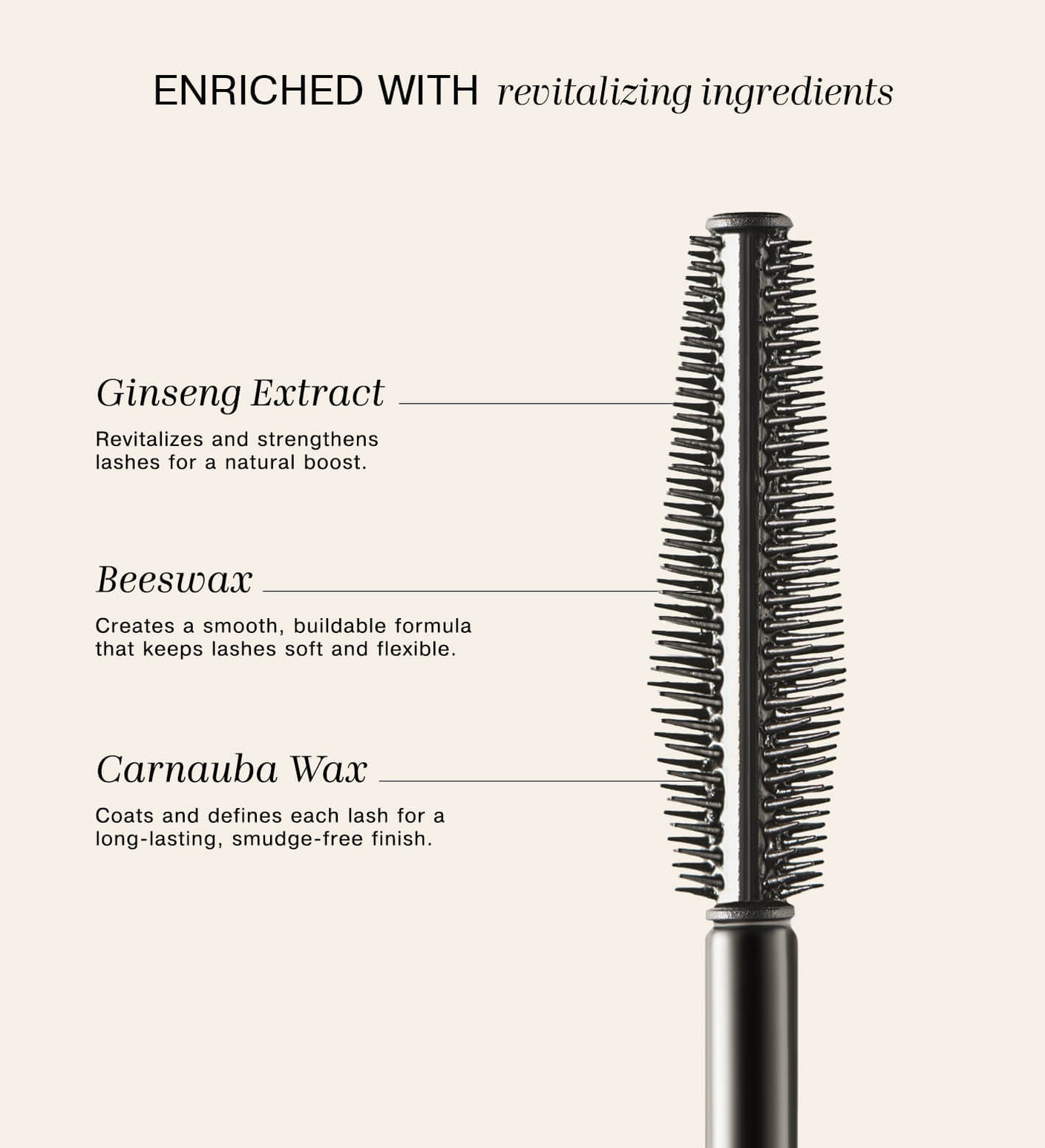 Meroda Cosmetics Mini Gilded Lashes Mascara wand enriched with revitalizing Ginseng Extract, Beeswax, and Carnauba Wax.