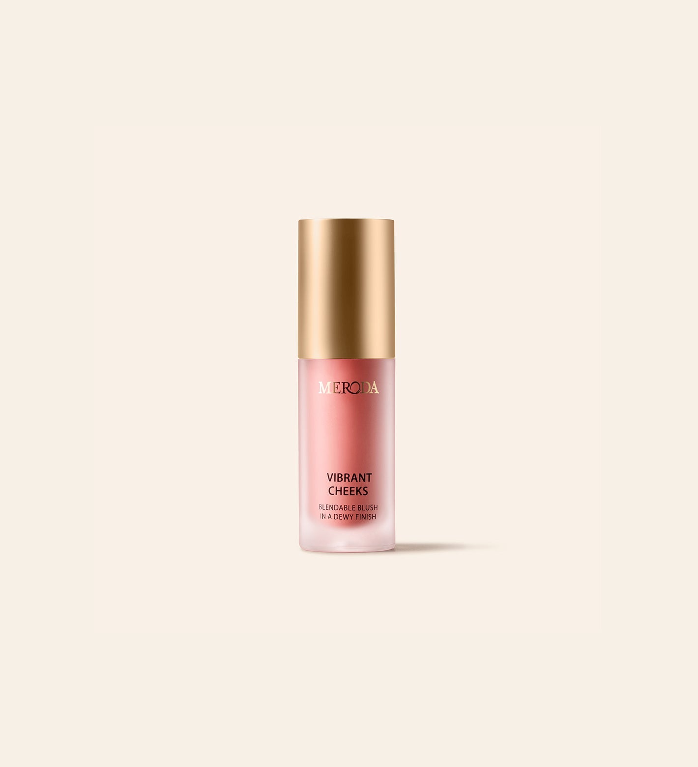 Meroda Mini Vibrant Cheeks Liquid Blush in Dusty Rose with a gold cap and a blendable, dewy finish.