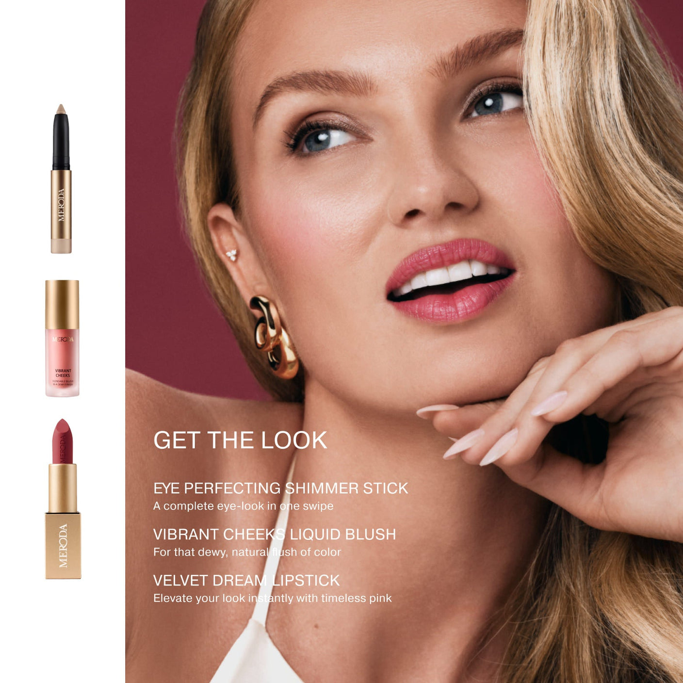 Model wearing a rosy beauty look beside Eye Perfecting Shimmer Stick, Vibrant Cheeks Liquid Blush and Velvet Dream Lipstick.