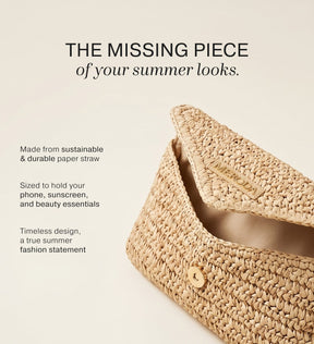 Beige woven paper straw Summer Travel Clutch featuring a gold magnetic closure and embossed Meroda logo.