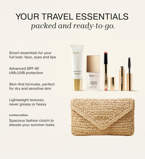 Summer Travel Icons featuring Daily Face SPF 40, mini foundation, lip tint, mascara, and a woven straw travel clutch.