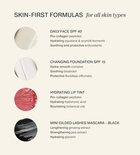 Texture swatches and key ingredients for Summer Travel Icons SPF 40, foundation, lip tint, and black mascara.