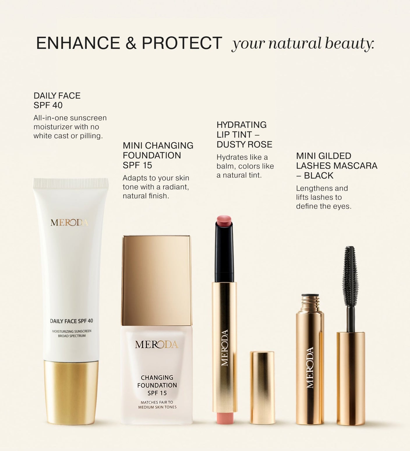 Summer Travel Icons set featuring Daily Face SPF 40, Changing Foundation, Dusty Rose Lip Tint, and Gilded Lashes Mascara.