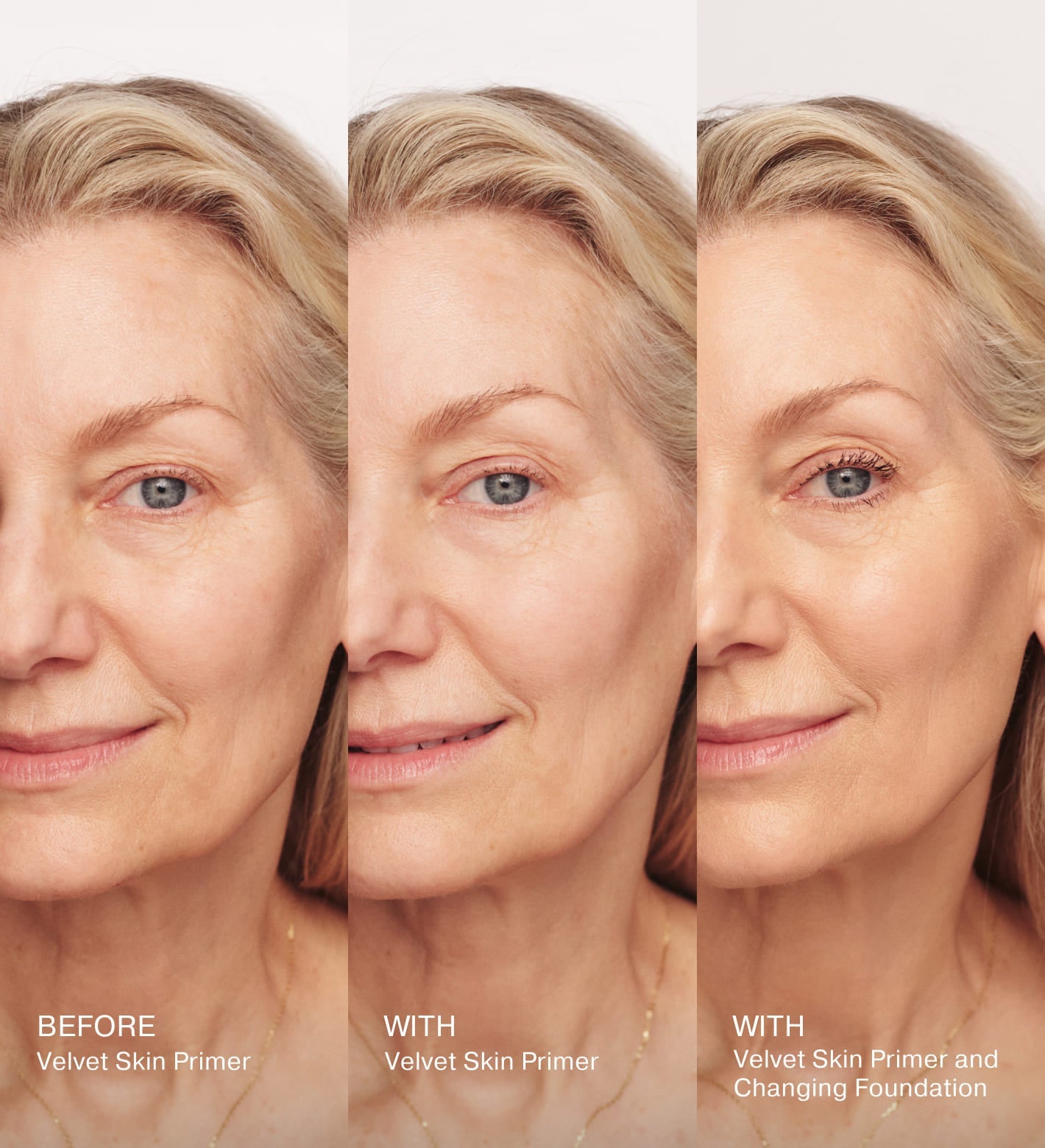 Velvet Skin Primer before and after results showing a mature woman's skin texture smoothing out with primer and foundation