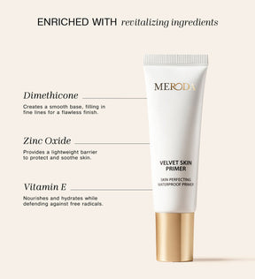 Meroda Velvet Skin Primer tube highlighting revitalizing ingredients like Dimethicone, Zinc Oxide, and Vitamin E.